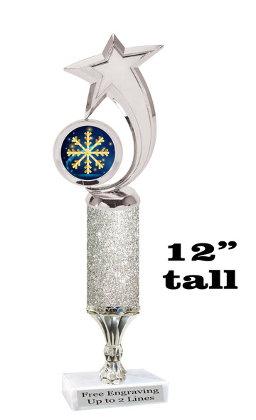 Snowflake theme trophy. Choice of artwork.  12" tall with silver glitter column - Great for all of your holiday events and contests.  6061s