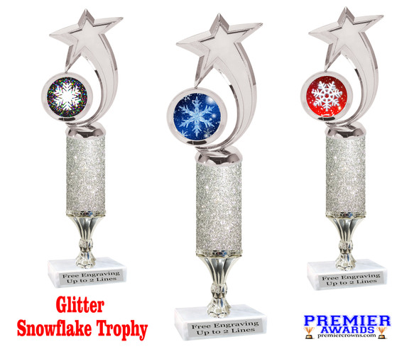 Snowflake theme trophy. Choice of artwork.  12" tall with silver glitter column - Great for all of your holiday events and contests.  6061s
