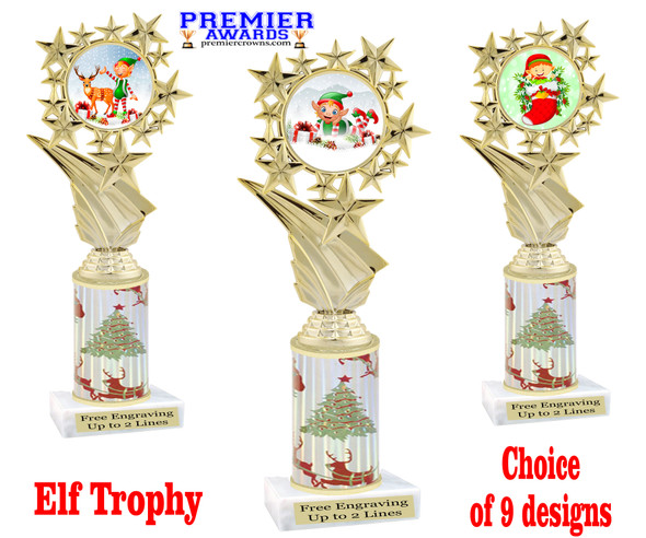 Elf theme trophy. Christmas column. Choice of artwork and trophy height.   Great for all of your holiday events and contests. f696