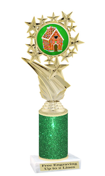 Gingerbread House theme trophy. Glitter Column.  Great for your Holiday events, contests and parties - f696-2