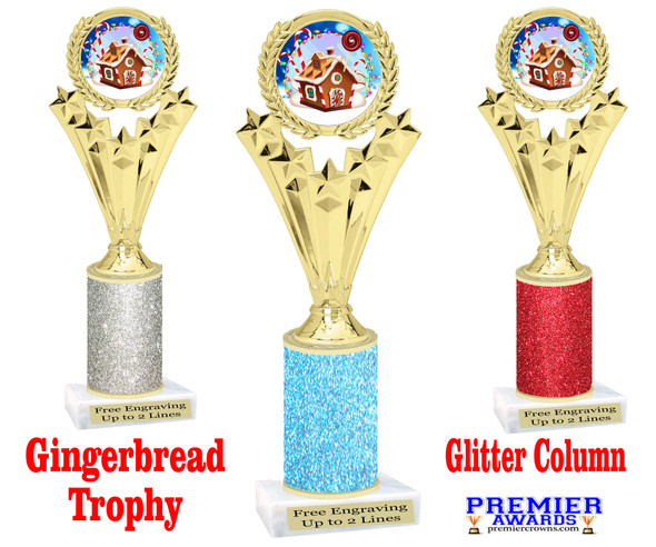 Gingerbread House theme trophy. Glitter Column.  Great for your Holiday events, contests and parties - h501