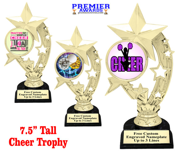 Cheer trophy with choice of cheer design.  Horseshoe shape base. Great for your squads, schools & competitions  h208bl