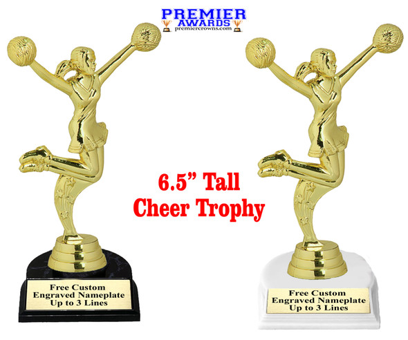 Cheer trophy with choice base color, horseshoe shape base.  Great for your squads, teams, schools, and more. 7704