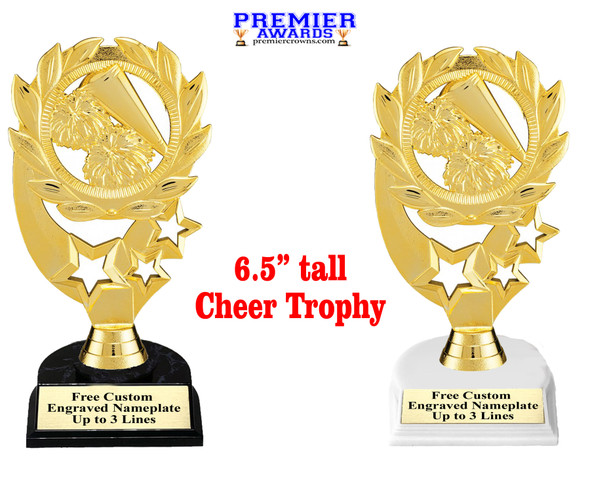 Cheer trophy with choice base color, horseshoe shape base.  Great for your squads, teams, schools, and more. 4103