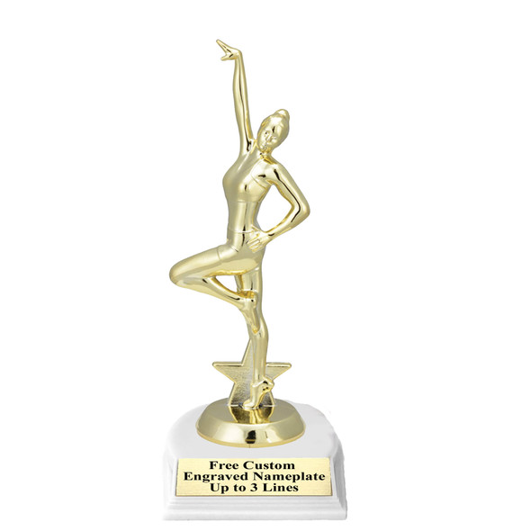 Dance trophy with choice base color, horseshoe shape base.  Great for your squads, teams, schools, and more. 664