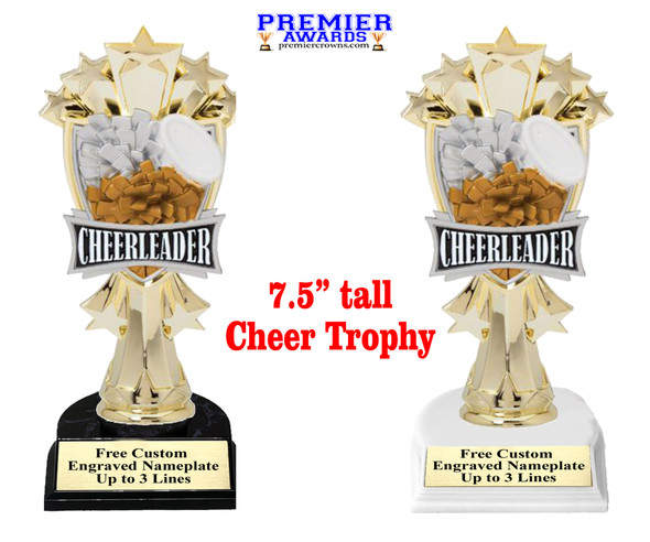 Cheer trophy with choice base color, horseshoe shape base.  Great for your squads, teams, schools, and more. mf3265