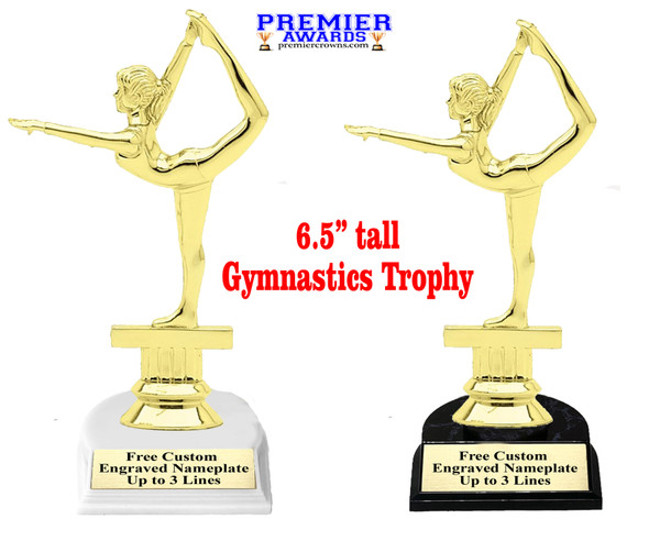 Gymnastics trophy with choice base color, horseshoe shape base.  Great for your squads, teams, schools, and more. f2301