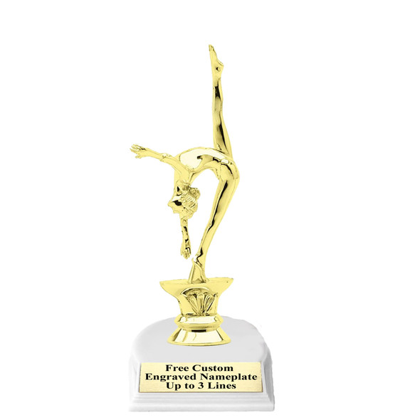 Gymnastics trophy with choice base color, horseshoe shape base.  Great for your squads, teams, schools, and more. f2401