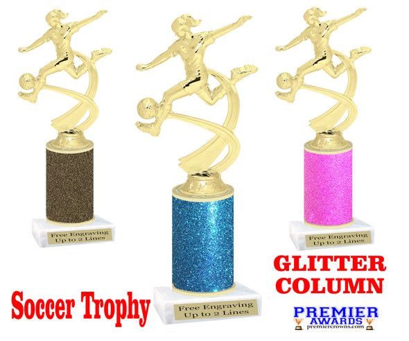 Female Soccer figure with Glitter column.   Great trophy for your soccer team, schools and rec departments - Glitter 4519