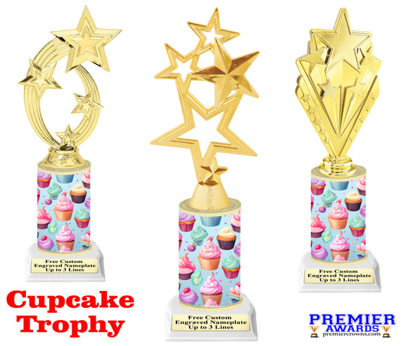 Cupcake theme  trophy.  11" tall  with choice of figure. Great for your pageants, cupcake wars, contests and more... (002