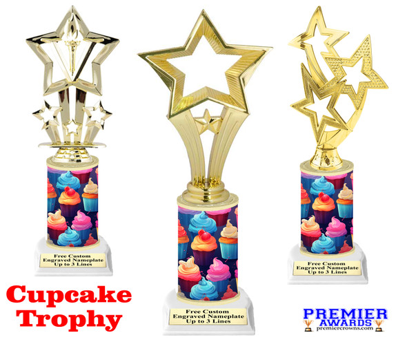 Cupcake theme  trophy.  11" tall  with choice of figure. Great for your pageants, cupcake wars, contests and more... (004