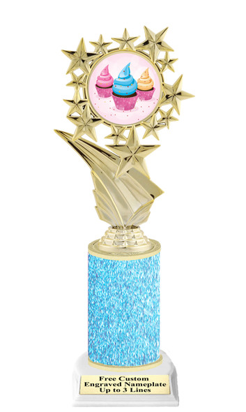 Cupcake themed trophy.  Light Blue Glitter column with choice of cupcake artwork.  Great for your Cupcake Wars, pageants, baking contests and more.  696