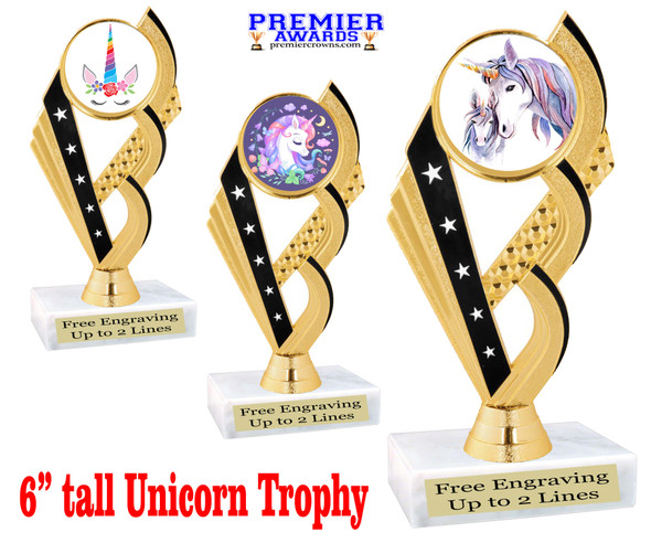 UNICORN TROPHY WITH 9 DESIGNS AVAILABLE AND CHOICE OF BASE. 6" TALL.  ph104