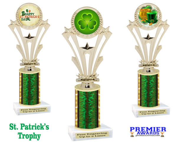St. Patricks trophy.  Great trophy for your pageants, events, contests and more!   Green column H416