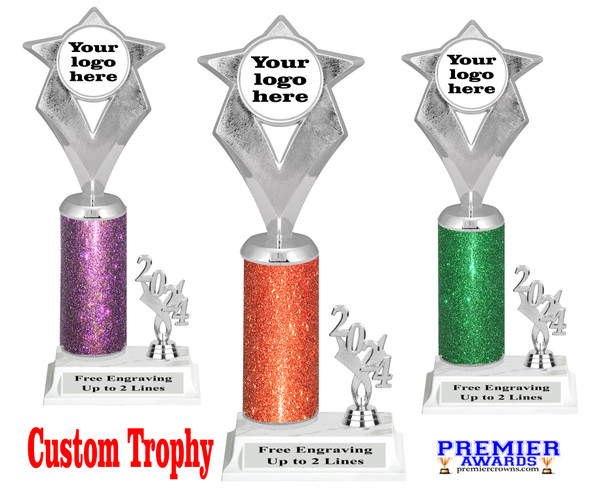 Custom glitter trophy with current year.  Add your logo or artwork for a unique award!  Numerous glitter colors and heights available - 5086s