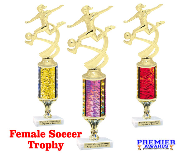 Female Soccer trophy on choice of column.  Starts at 10" tall.  Great trophy for your soccer team, schools and rec departments - MF4519