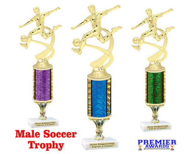 Male Soccer trophy on choice of column.  Starts at 10" tall.  Great trophy for your soccer team, schools and rec departments - MF4518