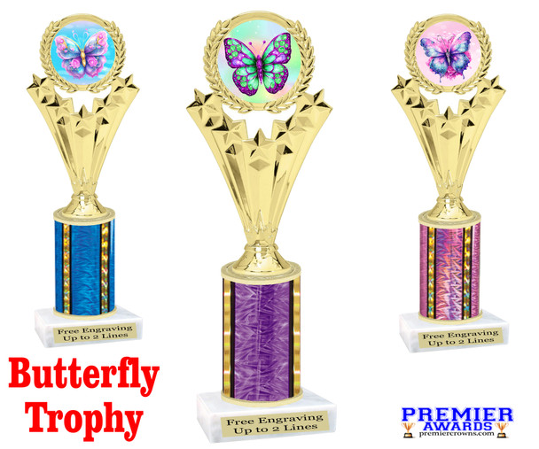 Butterfly theme Trophy. Choice of trophy design and height.  Great award for your spring and Easter pageants, events, competitions, parties and more. H501