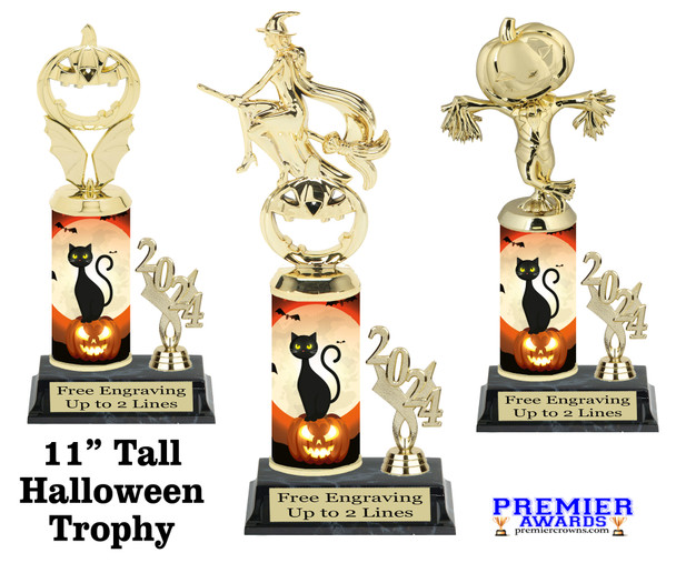 Halloween theme trophy.  11" tall with choice of figure.  Great for your Halloween pageants, events, contests and more. 009