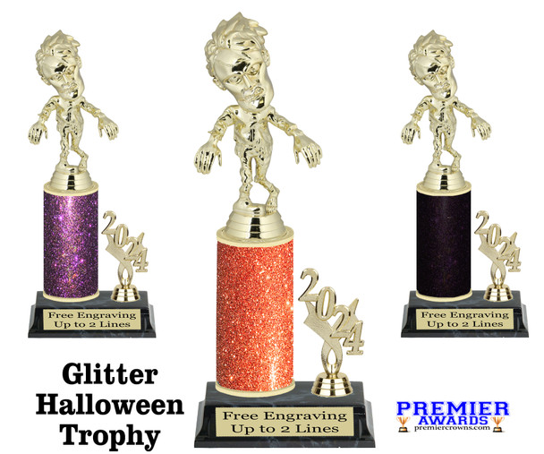 Halloween Trophy. Choice of  Glitter column color and height. With current year.  Great award for your pageants, events, contests,  parties and more.  Zombie