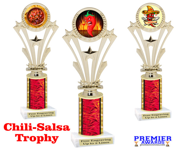 Salsa-Chili theme  trophy with choice of trophy height and artwork. Great for your cooking contests, themed events and more. h416