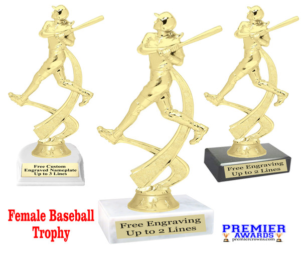 Female Baseball trophy.  6" tall trophy with choice of base. Great for your teams, schools and more! 4502