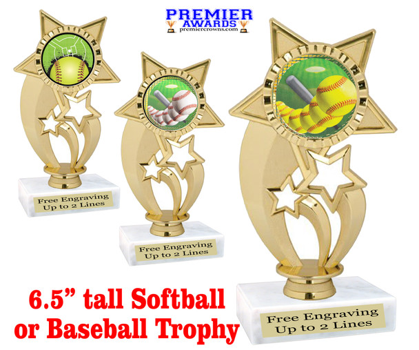Softball-Baseball trophy.  6" tall trophy with choice of artwork. Great for your teams, schools and more!  ph54