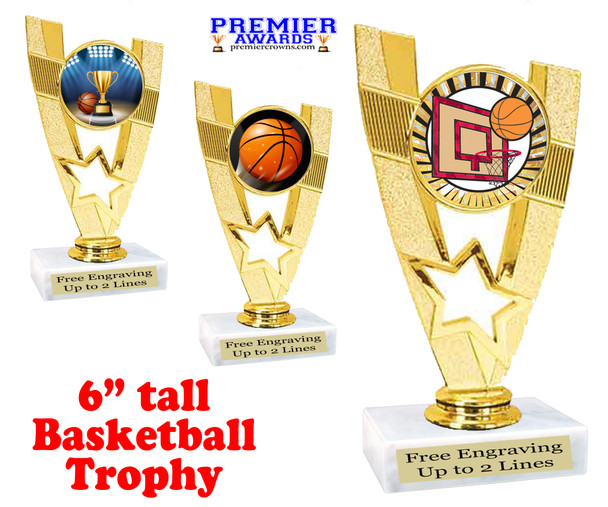  Basketball trophy.  6" tall trophy with choice of artwork. Great for your teams, schools and more!  90786