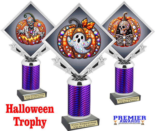 Halloween theme trophy.  Great for pageants,  Halloween pumpkin carving and decorating contests, costume contests and more!. 9 designs available. Purple Column  5087s