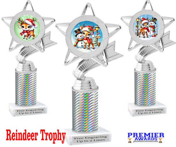 Reindeer theme trophy. Silver column. Choice of artwork.   Great for all of your holiday events and contests. 5043s