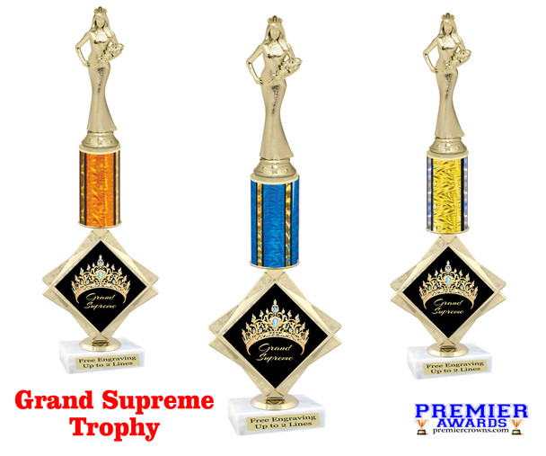 Grand Supreme trophy.  Great for your pageants, festivals, contests or just for your favorite Queen.  Choice of column color and base.  Trophy height is 16" tall.  