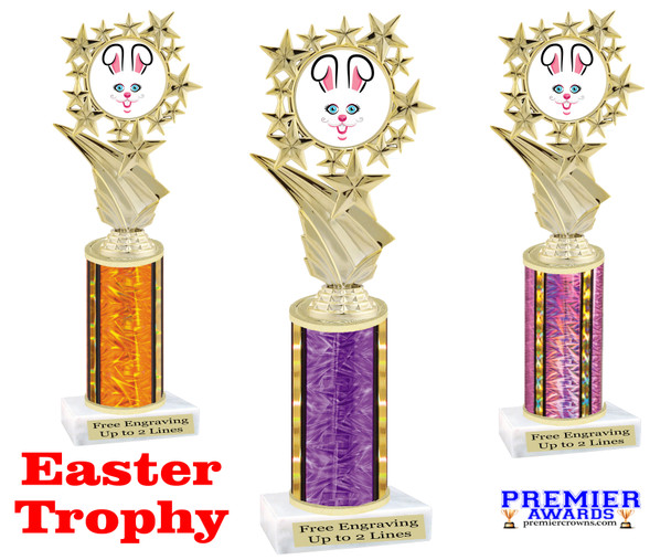 Easter theme Trophy. Choice of column color and height.  Great award for your pageants, events, competitions, parties and more. F696
