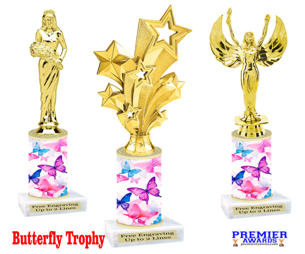 Butterfly trophy.  Perfect for your pageants, events, contests, and more.  Choice of figure and trophy height.  Sub-6