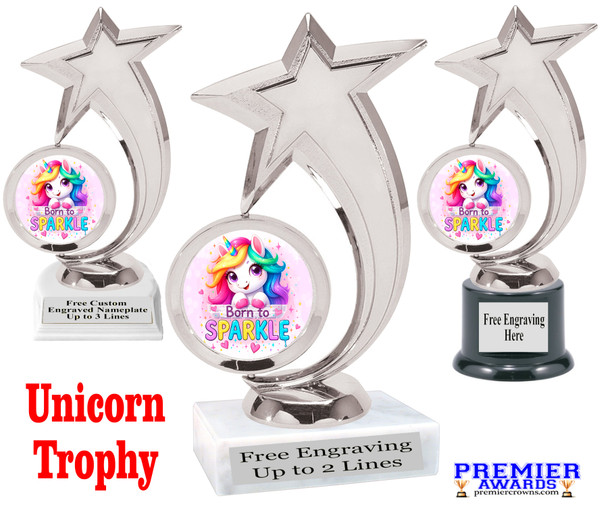 Unicorn theme trophy that will be a great award for your themed pageants, spring events, contests and more.  6" to 8" tall.  6081s
