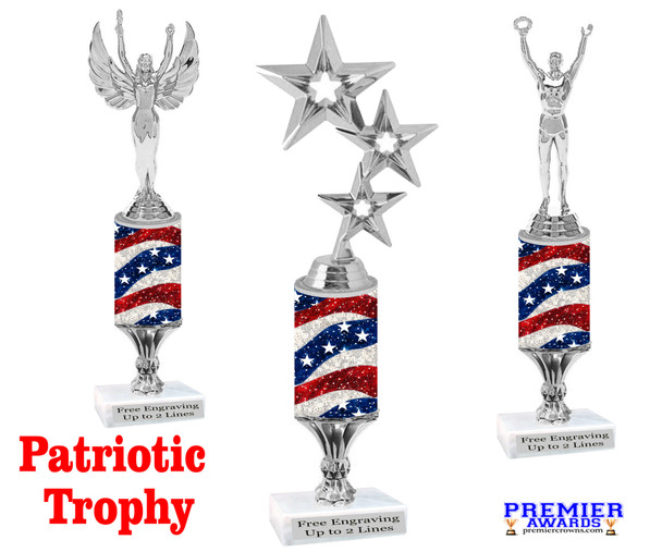Patriotic trophy. Sparkly Flag column with choice of figure.  Select base, trophy height and figure.   Height starts at 12" tall - 002