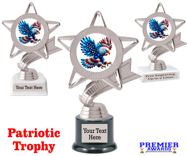 Patriotic theme trophy.  Great for your 4th of July contests, events and more.  6" to 8" tall with choice of base.  5043-s