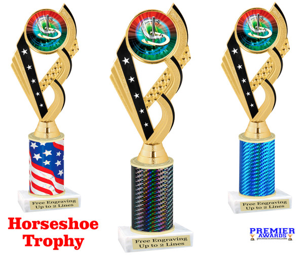 Horseshoe theme trophy for your family contests, tournaments, contests and more!  Choice of color and trophy height.  ph104