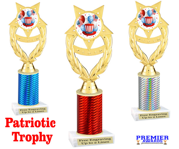 Patriotic theme trophy for your patriotic pageants, 4th of July events, contests, and more!  Choice of color and trophy height.  ph97