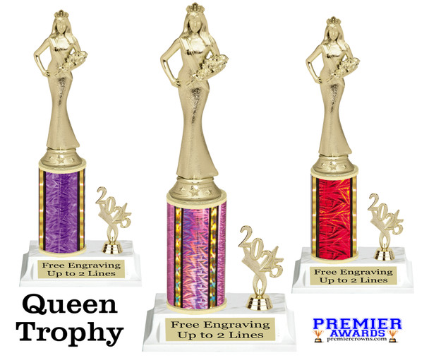 Queen trophy that will be great for pageants, contests or the Queen in your life.  Select trophy height and column color. With current year. Height starts at 10" tall - Sr Queen
