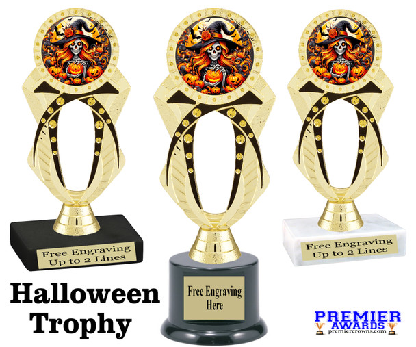  Halloween theme trophy.  Great for your Halloween pageants, events, contests and more. 6.5" - 8.5" tall.  Ph29