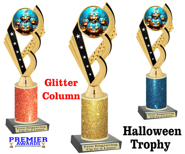 Halloween Trophy with glitter column. Choice of glitter color and height.  Great award for your pageants, events, contests,  parties and more. ph104-2