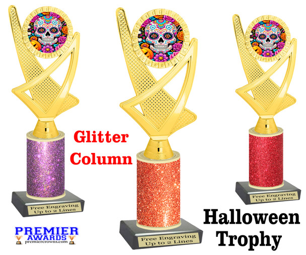 Halloween Trophy with glitter column. Choice of glitter color and height.  Great award for your pageants, events, contests,  parties and more. ph107
