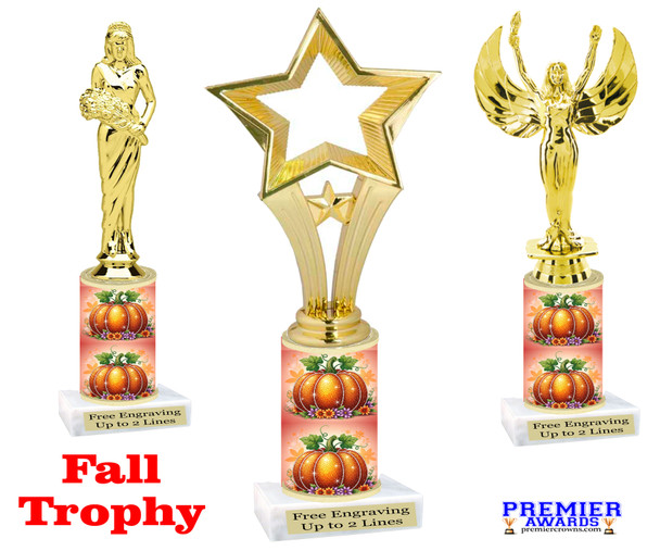 Fall or Halloween theme trophy.  Great for your Fall events, Halloween pageants, events, contests and more. Choice of figure, height and base.  Sub 3