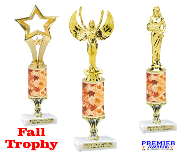 Fall theme trophy.  Great for your Fall events,  pageants, events, contests and more. Choice of figure, height and base.  Height starts at 10" tall Sub 1
