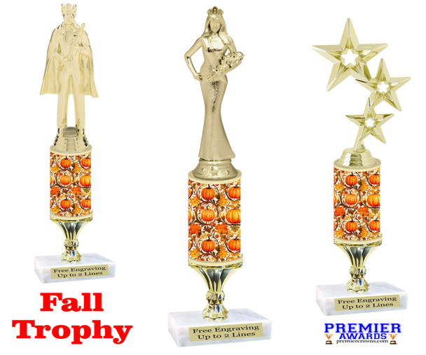 Fall theme trophy.  Great for your Fall events,  pageants, events, contests and more. Choice of figure, height and base.  Height starts at 10" tall Sub 2