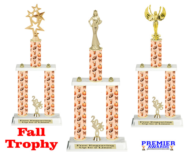 2-Column Fall theme trophy.  Great for your Fall events,  pageants, events, contests and more. Choice of  figure & height.  Height starts at 14" tall Sub 4