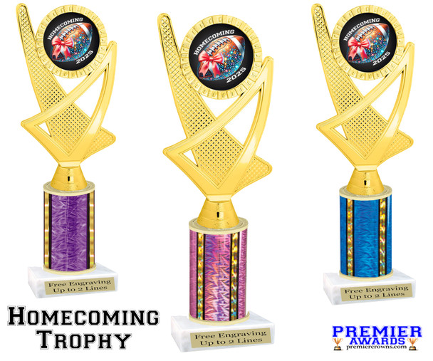 Homecoming theme trophy for you participants, courts, escorts and more. Numerous trophy heights available.  Choice of column color. ph107