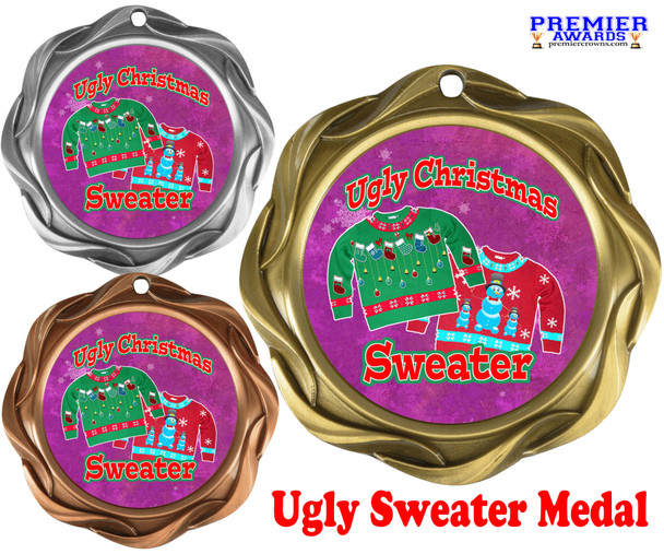 Great medal for your Holiday Party and events. Available in gold, silver or bronze finish.  Celebrate those ugly sweaters!  43573