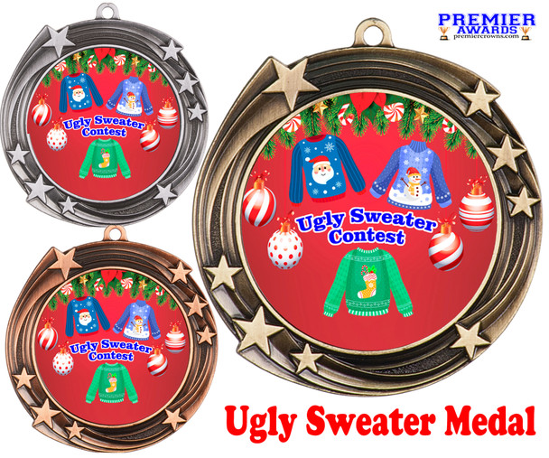 Great medal for your Holiday Party and events. Available in gold, silver or bronze finish.  Celebrate those ugly sweaters!  930-2