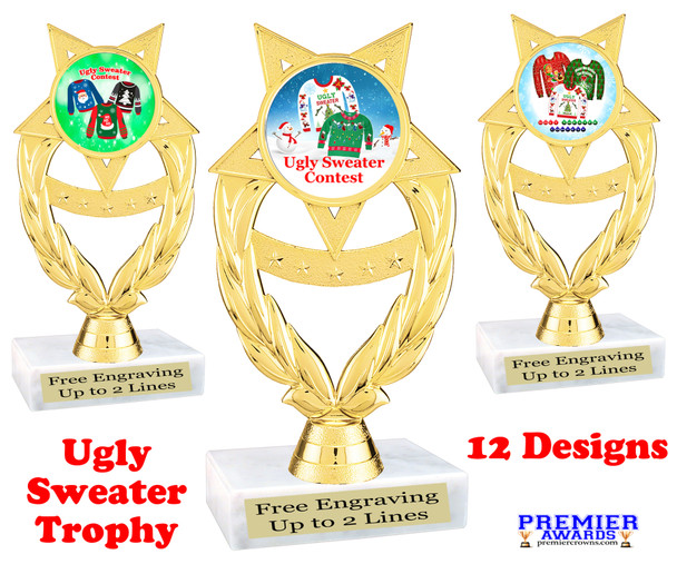 Ugly Sweater  trophy.   6" tall.  Great trophy for your Holiday Ugly Sweater contests and parties.  ph97